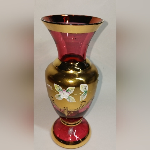 20" Glass Bohemian Style Hand Painted Vase Gold Enamelled Flowers - Picture 3 of 6